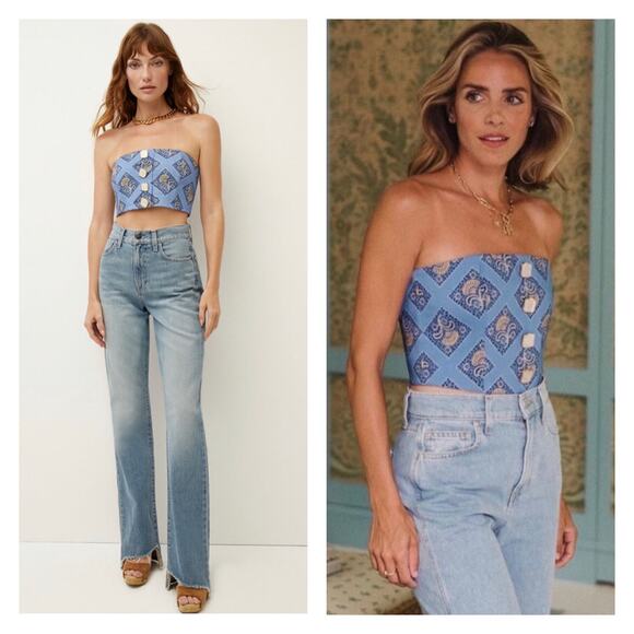 Veronica Beard Ziene Linen Blend Bustier Top In Light Blue Multi Size 12 - Picture 1 of 12